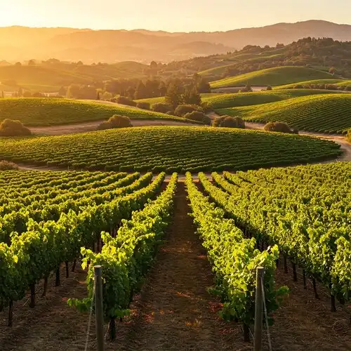 Golden hour over rolling Napa Valley vineyards, lush grapevines, scenic hills, photorealistic