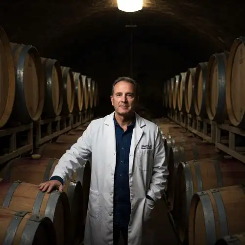 High-quality portrait of a Napa Valley winemaker amid barrels, soft natural light, inviting atmosphere