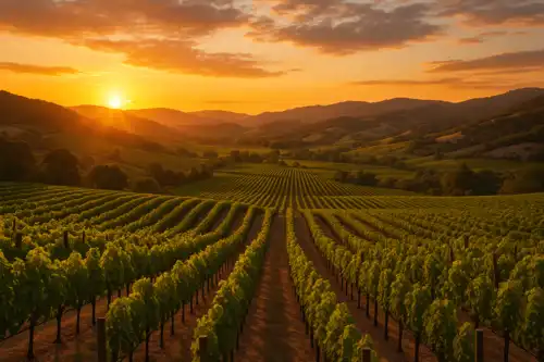 Photorealistic view of Napa Valley vineyards at sunset, rows of grapevines, rolling hills, golden light