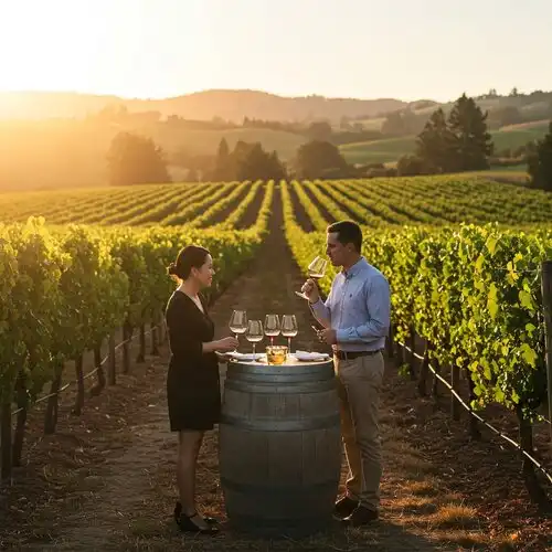 Photorealistic view of a Napa Valley vineyard wine tasting, golden hour lighting, lush vines, elegant glasses