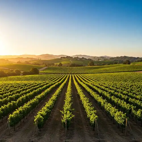 Photorealistic panoramic view of a Napa Valley vineyard at golden hour, lush grapevines and rolling hills under a blue sky