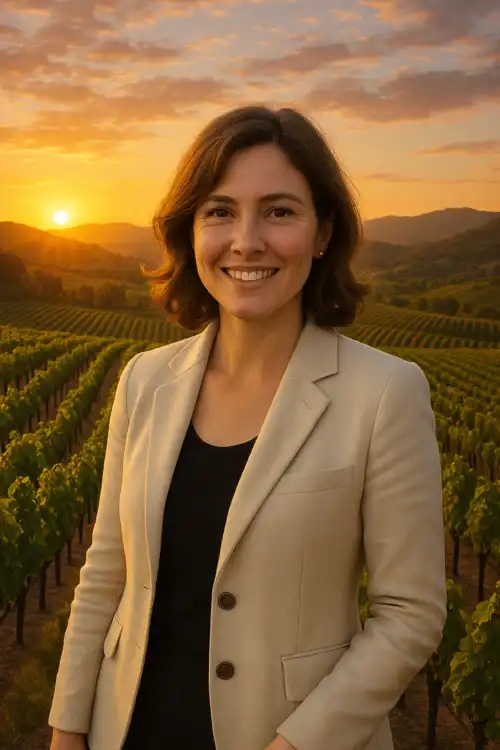 Portrait of Lucia Carrington, smiling in vineyard, natural light, crisp detail